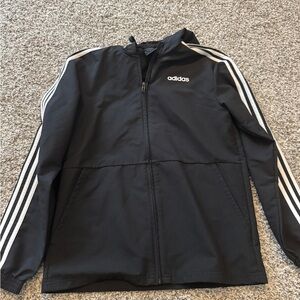 Adidas Men's Black Windbreaker with White Stripes